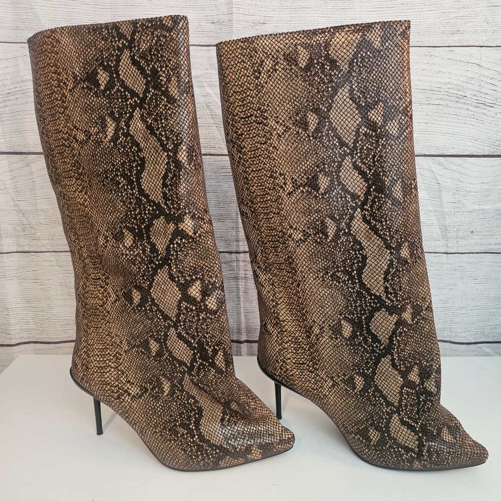 Azalea Wang Sz 6 CoutureCrazy Brown Snakeskin Embossed Fabric Stiletto Boot NWOB
